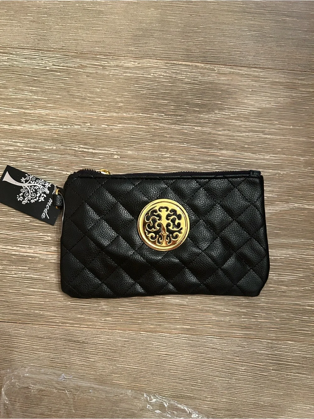 Quilted Black Wristlet Pouch with Gold Medallion